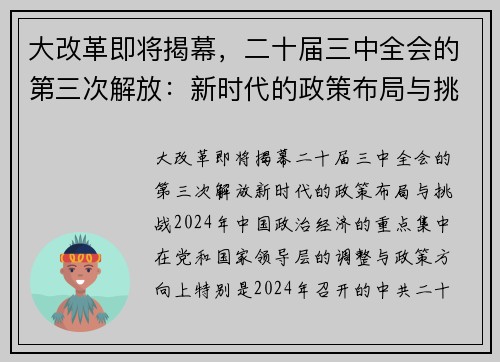 大改革即将揭幕，二十届三中全会的第三次解放：新时代的政策布局与挑战