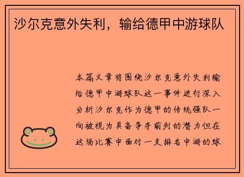 沙尔克意外失利，输给德甲中游球队