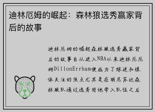 迪林厄姆的崛起：森林狼选秀赢家背后的故事