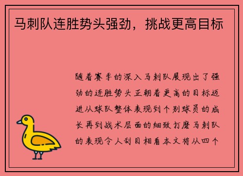 马刺队连胜势头强劲，挑战更高目标